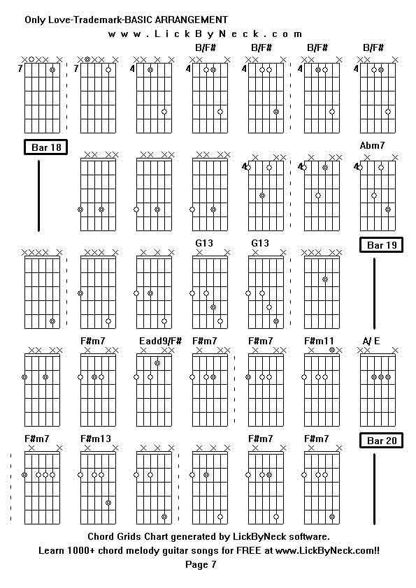 Chord Grids Chart of chord melody fingerstyle guitar song-Only Love-Trademark-BASIC ARRANGEMENT,generated by LickByNeck software.